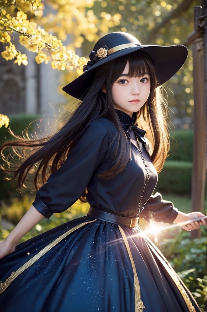 1 girl, expressionless, Japanese face, 16 years old, cute girl, have one's hair cut in a row and Hide your forehead with bangs and hairstyle with the bangs cut in half and Beautiful straight light gray long hair, beautiful yellow and golden eyes, thin body, No muscles, blue Roses and red Camellia, Moonlight and Castle, wizard, Big magic wand, gothic skirt, magical girl, little Medieval Dress, Princess Dresses, Big black hat, light particles, light sparkles, lens flare, Light particles, Magic light, strong light