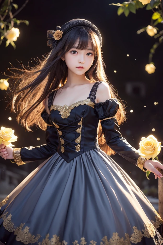 1 girl, expressionless, Japanese face, 16 years old, cute girl, have one's hair cut in a row and Hide your forehead with bangs and hairstyle with the bangs cut in half and Beautiful straight light gray long hair, beautiful yellow and golden eyes, thin body, No muscles, blue Roses and red Camellia, Moonlight and Castle, wizard, Big magic wand, gothic skirt, magical girl, little Medieval Dress, Princess Dresses, Big black hat, light particles, light sparkles, lens flare, Light particles, Magic light, strong light