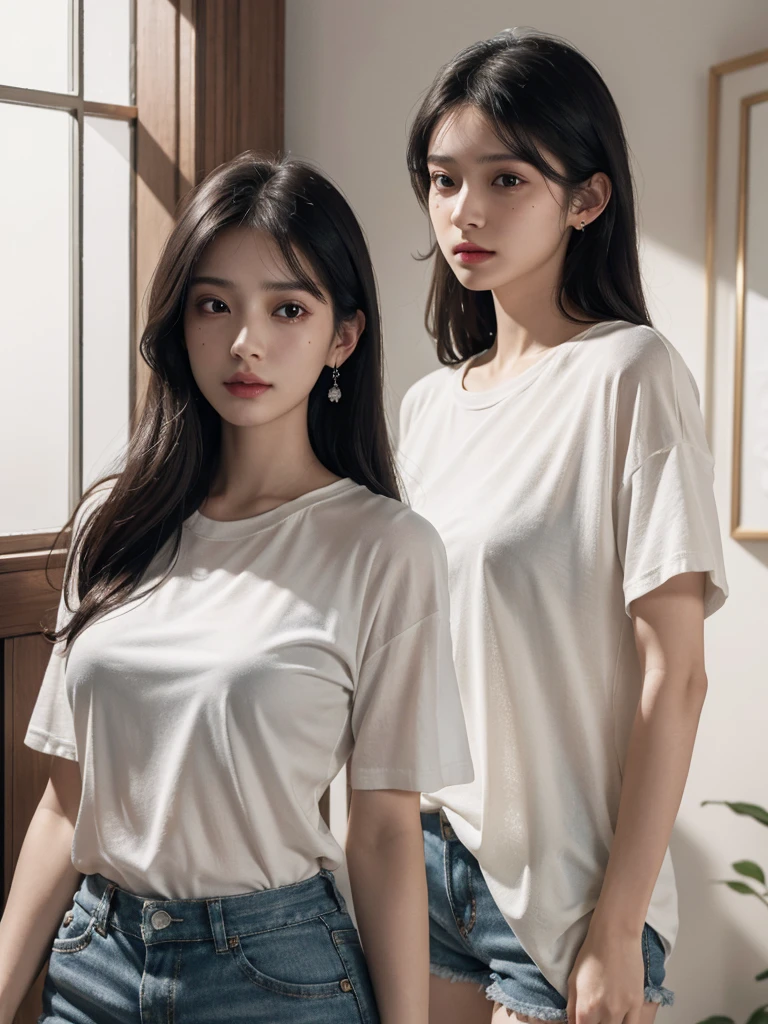 absurdres, RAW photo, extremely delicate and beautiful, masterpiece, Best Quality, ultra high resolution, 32k, hyperrealistic, ultra-detailed, in her 20s, delicate facial features, beautiful detailed woman, tearful mole, earring, medium breasts, full body shot, medium hair, black hair, cap, T-shirt, baggy shorts,