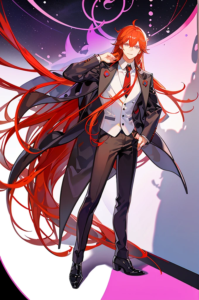 Black and red hair、Purple Eyes、White background、Anime characters、Long Hair、A young man wearing a white shirt and a black vest、Black slacks、Leather shoes、Smiling young man standing、A young man standing facing forward