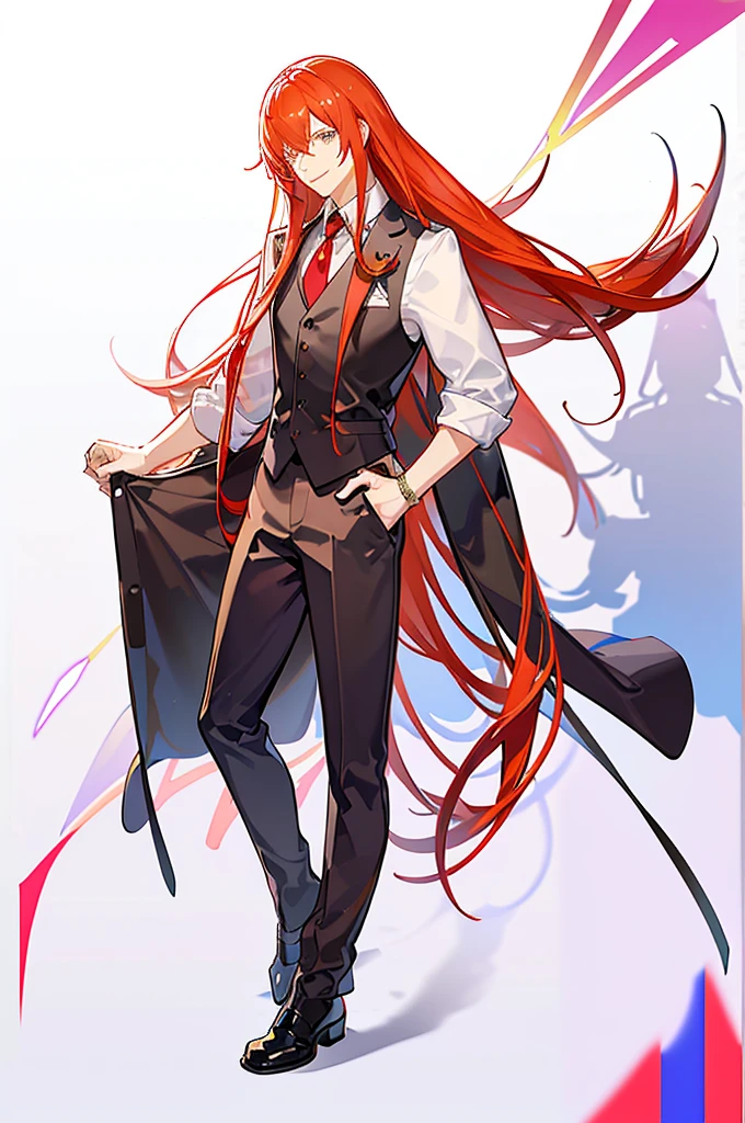 Black and red hair、Purple Eyes、White background、Anime characters、Long Hair、A young man wearing a white shirt and a black vest、Black slacks、Leather shoes、Smiling young man standing、A young man standing facing forward