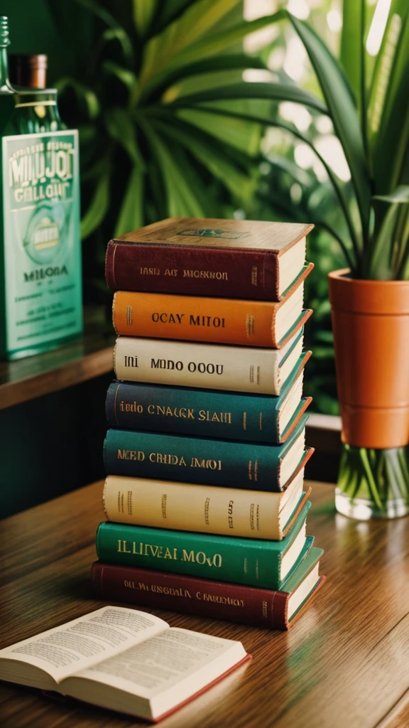 35mm film photography, Stacks of 5 colorful hardcover books with question mark '?' covers, resting on a wooden table next to a glass of chilled mojito cocktail on a picturesque sunny tropical beach., high detail, sophisticated muted-green color scheme, redscale, red light leaks, warm, bright sunlight