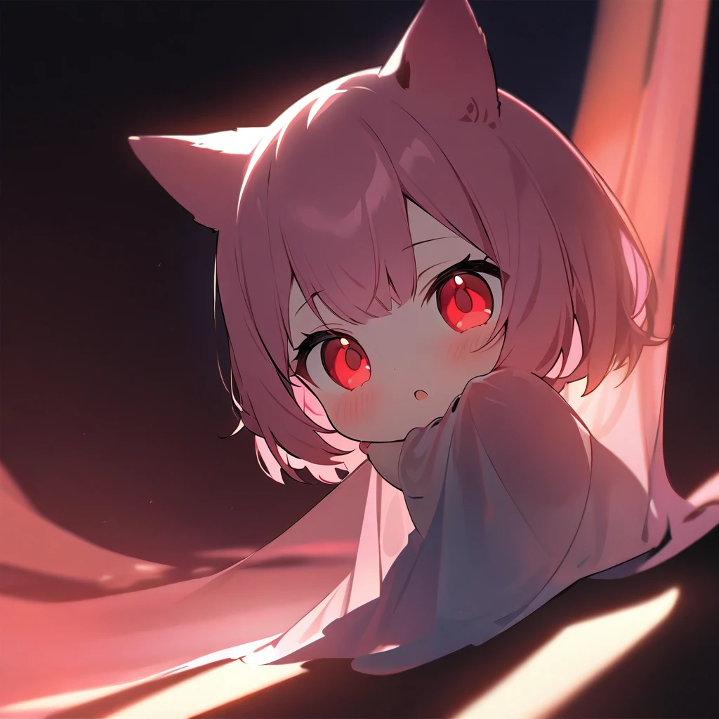 Top quality, masterpiece, chibi character, pink hair, animal ears girl, red eyes, dark background, double exposure, shadows covering the body, fantastic light curtain,モノクロ