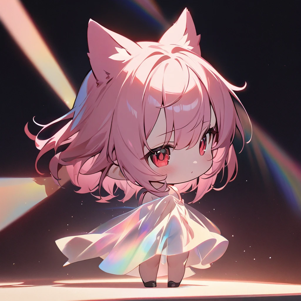 Top quality, masterpiece, chibi character, pink hair, animal ears girl, red eyes, dark background, double exposure, shadows covering the body, fantastic light curtain,モノクロ