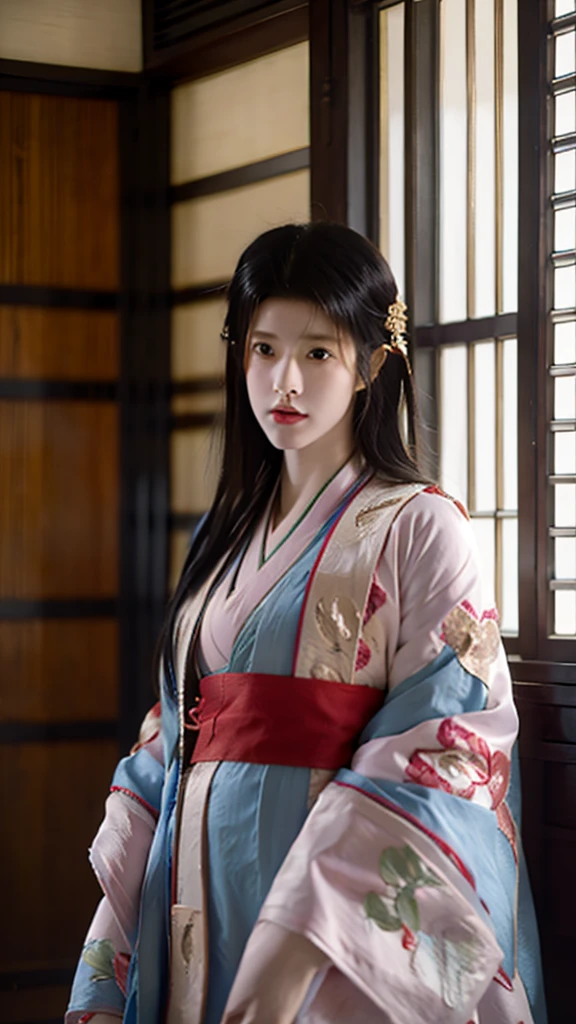 　A beautiful 15-year-old Japanese princess from the Sengoku period with long black hair　Gorgeous embroidery, Ultra glossy, She is wearing a shiny Edo-period princess kimono.　She takes out her nipples and squeezes out the milk