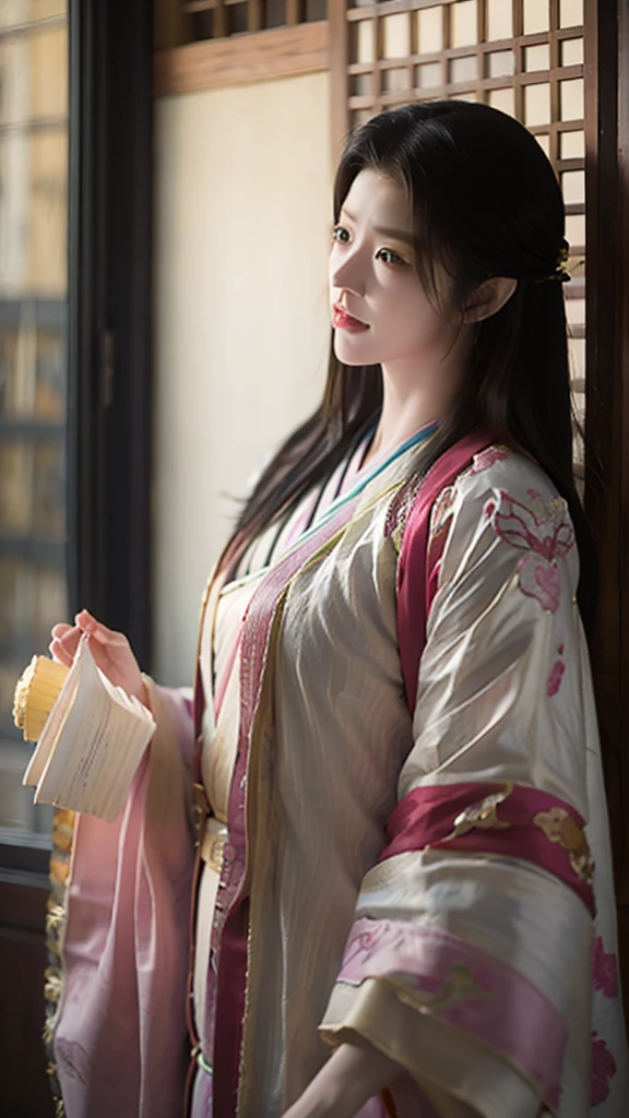 　A beautiful 15-year-old Japanese princess from the Sengoku period with long black hair　Gorgeous embroidery, Ultra glossy, She is wearing a shiny Edo-period princess kimono.　She takes out her nipples and squeezes out the milk