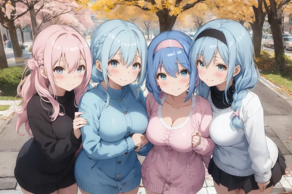 Modern city,Fluffy hair,Light blue hair,Blonde,Light pink hair,Headband,Braid,Autumn outfit,Short clothing that shows the buttocks,The sleeves of the dress are a little long,I can see a little cleavage,Moe sleeves,Date,Several people hugging each other,Embrace,watching each others eyes,Facing each other,blush with embarrassment,Happy expression,Hand in hand,Arms crossed,Flirting with a close-knit body