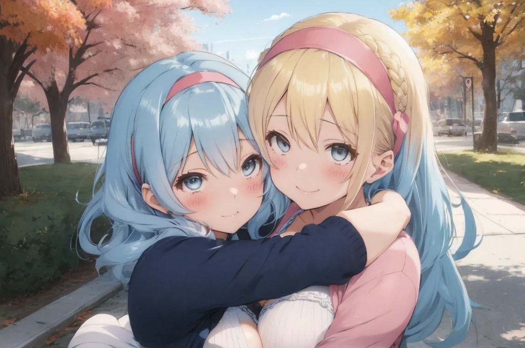 Modern city,Fluffy hair,Light blue hair,Blonde,Light pink hair,Headband,Braid,Autumn outfit,Short clothing that shows the buttocks,The sleeves of the dress are a little long,I can see a little cleavage,Moe sleeves,Date,Several people hugging each other,Embrace,watching each others eyes,Facing each other,blush with embarrassment,Happy expression,Hand in hand,Arms crossed,Flirting with a close-knit body