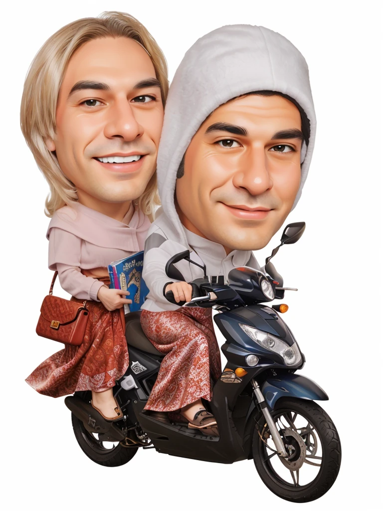 arafed couple on a motorbike with a book and a purse, caricature illustration, caricature, by Abidin Dino, full protrait, caricature style, caricature!!!, potrait, couple, digital art cartoon, protrait, in cartoon style, cartoon digital art, happy couple, cartoon portrait, cartoon artstyle, cartoon art, couple portrait
