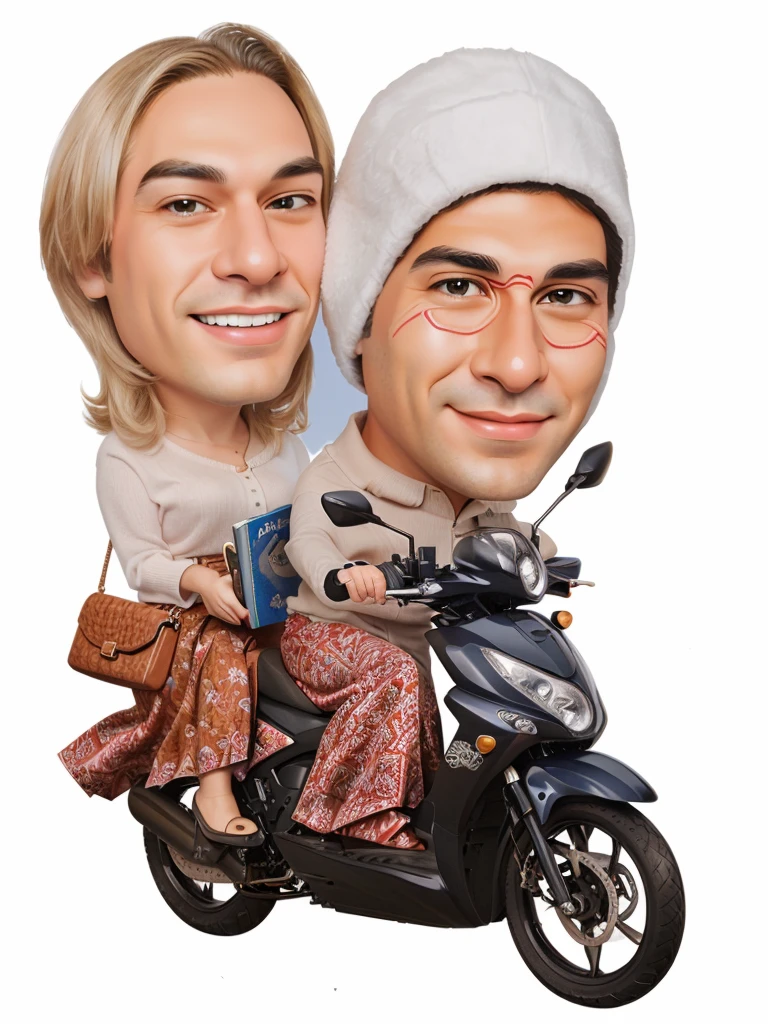 arafed couple on a motorbike with a book and a purse, caricature illustration, caricature, by Abidin Dino, full protrait, caricature style, caricature!!!, potrait, couple, digital art cartoon, protrait, in cartoon style, cartoon digital art, happy couple, cartoon portrait, cartoon artstyle, cartoon art, couple portrait