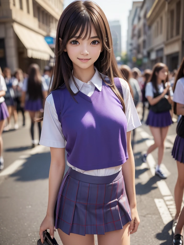 (8K, RAW Photos, Highest quality, masterpiece:1.2), (Realistic, photo-Realistic:1.4), (extremely detailed 8K wallpaper), ((Full Body Shot)), (((1 girl))), Sharp focus, Depth of written boundary, Cinematic lighting, Soft Light, (緻密な美しさのeye, eye_Chan, Very beautiful 17 year old girl, innocent big eyes, Realistic, photo Realistic, Highly detailed cute girl, (Thin thighs), (Model Body Type), (Brown Hair), (Long Bob Hair), (Asymmetrical bangs), ((A happy smile)), Glowing Skin, Ultra-dense skin ,High resolution, High Detail, Detailed hairstyle, Detailed facial beauty, hyper Realistic, Perfect limbs, Perfect Anatomy, Perfect female body, (school uniform:1.3),(Miniskirt Purple and blue checked micro mini skirt), Watching the audience, (Crowded city street:1.3)