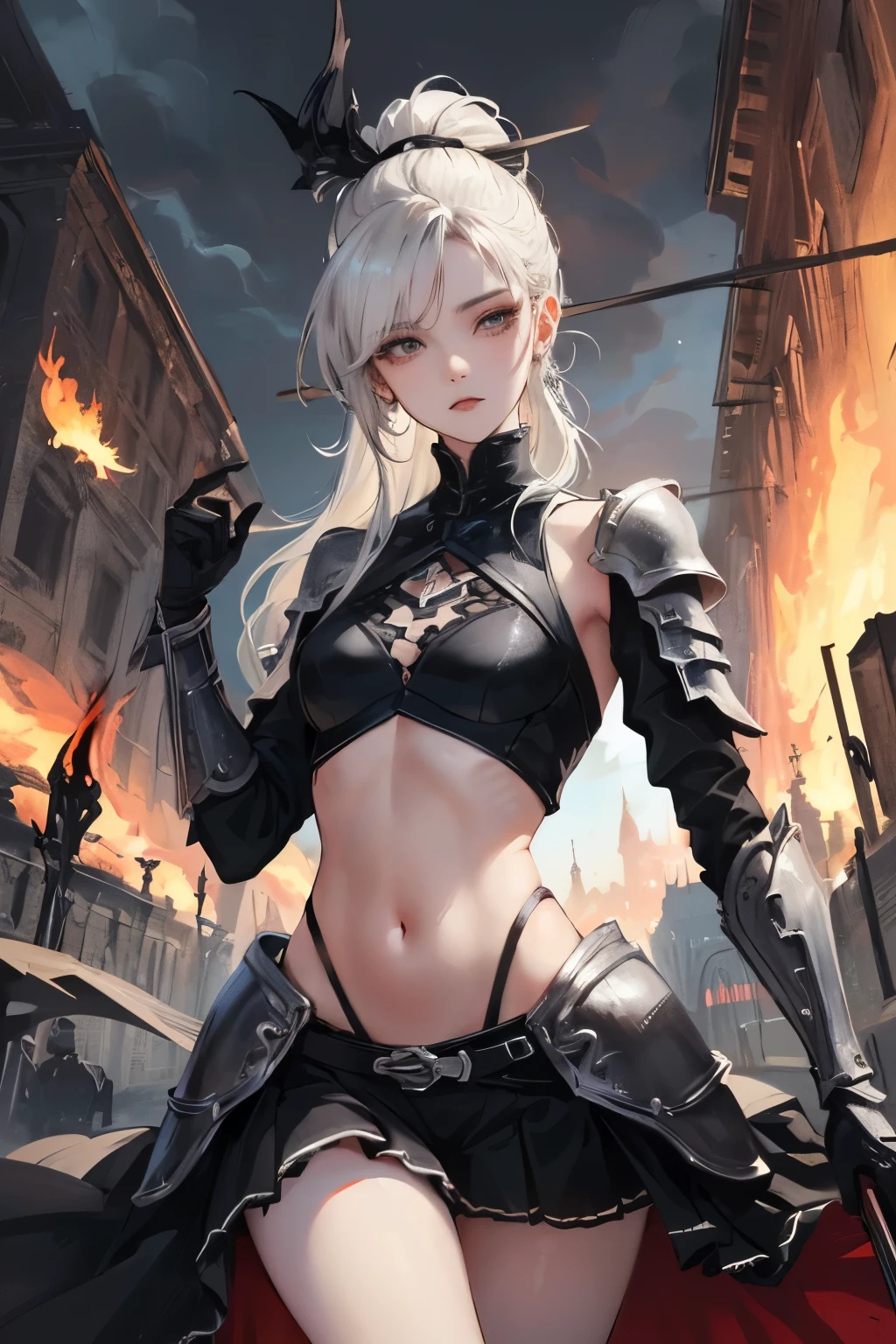 ((Finest quality)),(超A high resolution),(ultra-detailliert),(Meticulous portrayal),((Best Anime)),(Finest works of art),(Ultra-Precision Art),(The art of astounding depiction,Overwhelming depiction:1.5),(intricate and detailed art:1.6), (adult woman:1.5),(Hanging:1.6),Staring at this:1.4,sneering:1.5,(Armor shaped like a skeleton:1.3), (Black Flame:1.5), NSFW, small breasts, prominent collarbones, skinny arms, flat stomach, visible hip bones, long hair, red hair, white hair, blonde hair, dark hair, ponytail, thick ponytail, heavy ponytail, red and white clothing, Bloodborne inspired, occult aesthetic, occult, detailed and intricate steampunk and detailed gothic, NSFW Fluttering lace frilly petticoats, pleated petticoats