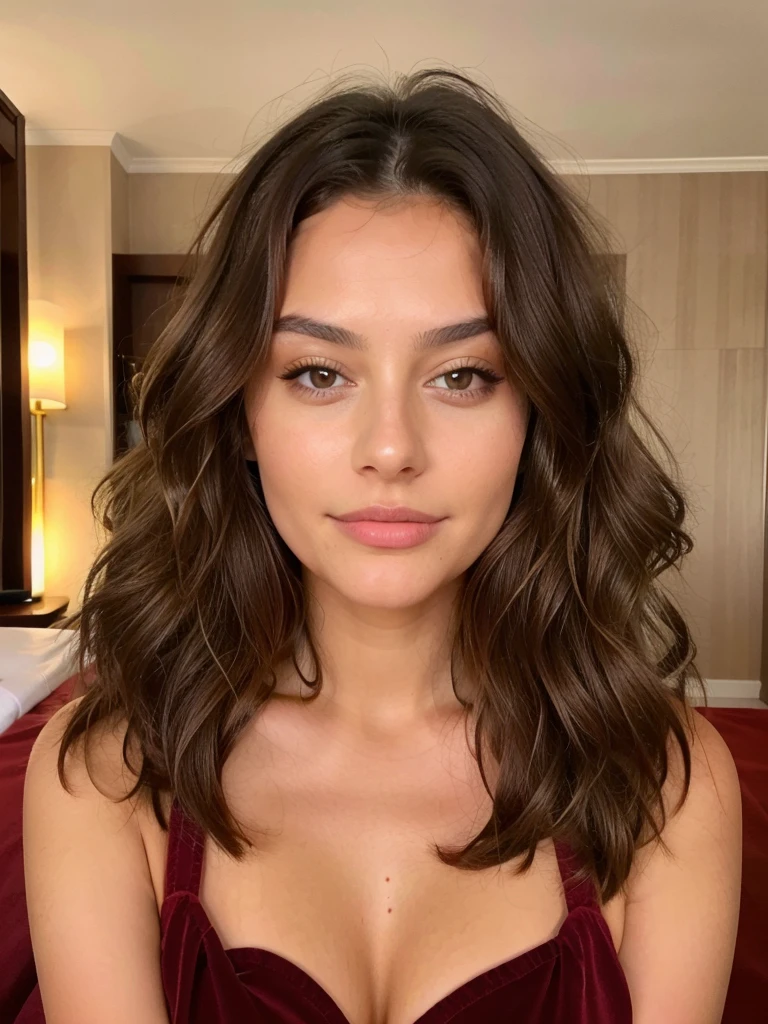 photo de Belle brune (luxurious hotel), very detailed, 22 ans, , , visage innocent, natural wavy hair, Brown eyes, high resolution, head of'artwork, best quality, intricate details, very detailed, sharpness, detailed skin, texture de peau realistic, texture, detailed eyes, Professionnel, 4K,, shot with Canon, 85mm, Kodak Vision Color, corps parfaitement ajusté , extremely detailed, la photographie_\(ultra\), photorealistic, realistic, Post-traitement, Maximum details, roughness, real life, ultra realistic, photorealism, la photographie, 8K  UHD, la photographie, gros 