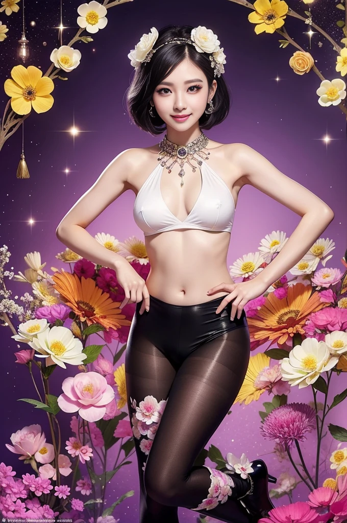 sexy Thai model who controls poison、smiling face、lip-gloss、long lashes、dramatic makeup、look at the camera、full body Esbian、、sparkling poisoned flower costume、、、、sparkling Colorful short hair、secrete poison、skull hair accessories、sexy tights、shiny sparkling flowers background