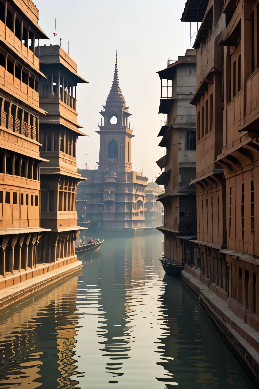 Capture the spiritual ambiance of Varanasi in its entirety, with the ancient temples and ghats along the Ganges serving as the focal points, against the backdrop of historic architecture. The image should be captured in ultra high definition 4K resolution, showcasing every intricate detail of the temples' carvings, the ghats' worn-out steps, and the architectural nuances that tell the story of Varanasi's rich history. The river Ganges should flow softly, reflecting the city's hustle and bustle, as well as the serene moments of prayer and meditation. The image should encapsulate the unique blend of chaos and tranquility