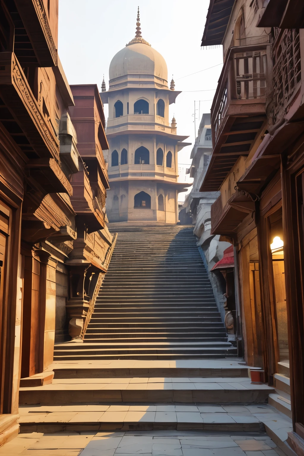 Capture the spiritual ambiance of Varanasi in its entirety, with the ancient temples and ghats along the Ganges serving as the focal points, against the backdrop of historic architecture. The image should be captured in ultra high definition 4K resolution, showcasing every intricate detail of the temples' carvings, the ghats' worn-out steps, and the architectural nuances that tell the story of Varanasi's rich history. The river Ganges should flow softly, reflecting the city's hustle and bustle, as well as the serene moments of prayer and meditation. The image should encapsulate the unique blend of chaos and tranquility