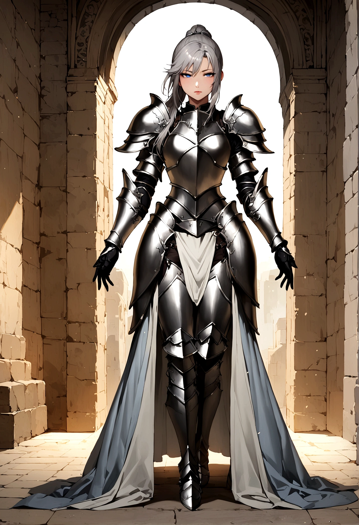 Beautiful girl knight in armor, Gray Hair, tsurime, fantastic, Face your body forward like a certificate photo, shoot from front, Ponytail, Armor Girl, beautiful female knight, Female Paladin, pale blue eyes, narrowed eyes squint, full body