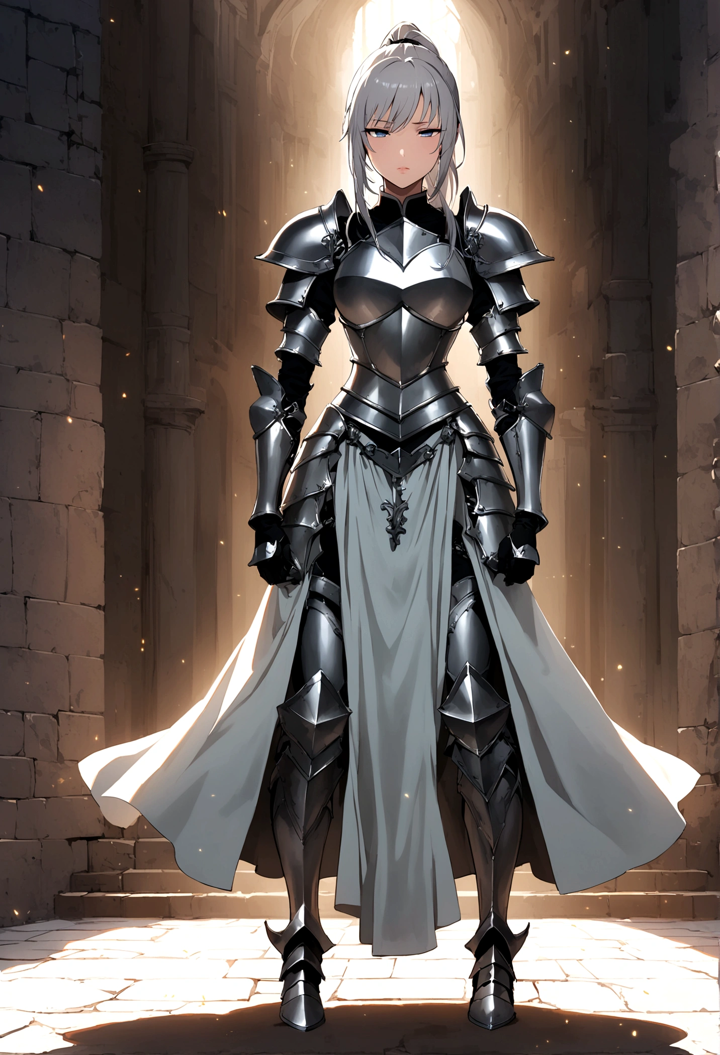 Beautiful girl knight in armor, Gray Hair, tsurime, fantastic, Face your body forward like a certificate photo, shoot from front, Ponytail, Armor Girl, beautiful female knight, Female Paladin, pale blue eyes, narrowed eyes squint, full body