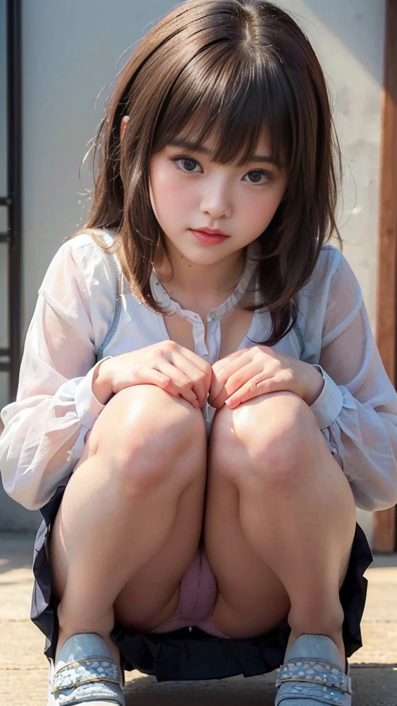 女の子 sitting on the ground with her legs crossed, Beautiful girl squatting, Girl is crouching, cute girl, Beautiful girl, Smooth CG art, Photorealistic, pretty girl, (beautiful girl, :1.3, Idol Face), realistic Young girl, Young girl, Attractive girl, Realistic sex style, Photorealistic girl render, (Detailed eyes and face:1.3, Professional photography techniques, Natural bright lighting), (Detailed thighs, Beautiful thighs, (Small beautiful butt:1.2), loafers, (Detailed hands and legs:1.2), (Beautifully shaped crotch, Sexy Underwear, cameltoe), (Secrets for just the two of you, Gaze at the viewer, blush:1.3)