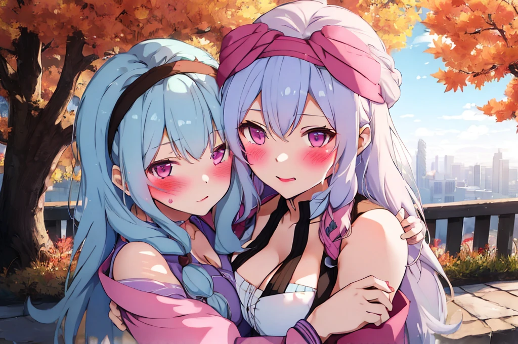 Modern city,Fluffy hair,Light blue hair,Blonde,Light pink hair,Headband,Braid,Autumn outfit,Short clothing that shows the buttocks,The sleeves of the dress are a little long,I can see a little cleavage,Moe sleeves,Date,Several people hugging each other,Embrace,watching each others eyes,Facing each other,blush with embarrassment,Happy expression,Hand in hand,Arms crossed,Flirting with a close-knit body