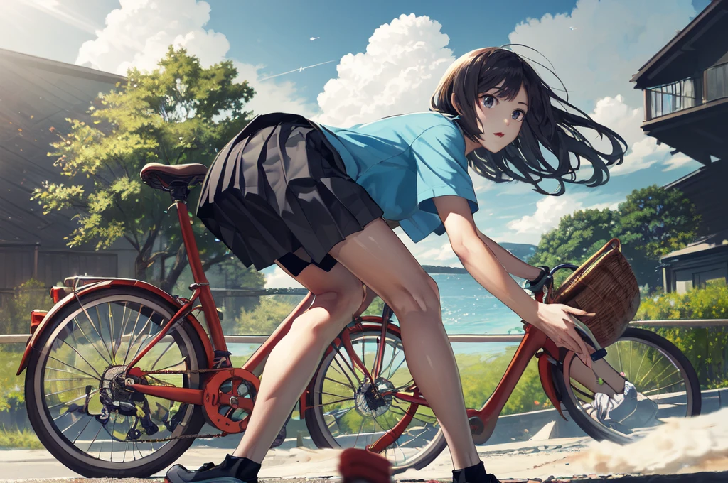 (masterpiece:1.2),best quality,Pixif,
bluth,bike,1 Girl,Ground Vehicles,1 boy,outdoor,bike basket,sky空,cloud,shirt,skirt,Multiple riders,ocean,white shirt,sky,horizon,Black Hair,Depth of Field,wind景,Vague,Long hair,,blue sky空,Short sleeve,riding,shoe,dappled Sunlight,sock,HILL,Sunlight,Flowing hair,pleated skirt,Tree,六翼sky使,Knee-length,water,short hair,road,basket,In the shade,夏sky,Grass,wind,plant,sit,女式shirt,Pants,
