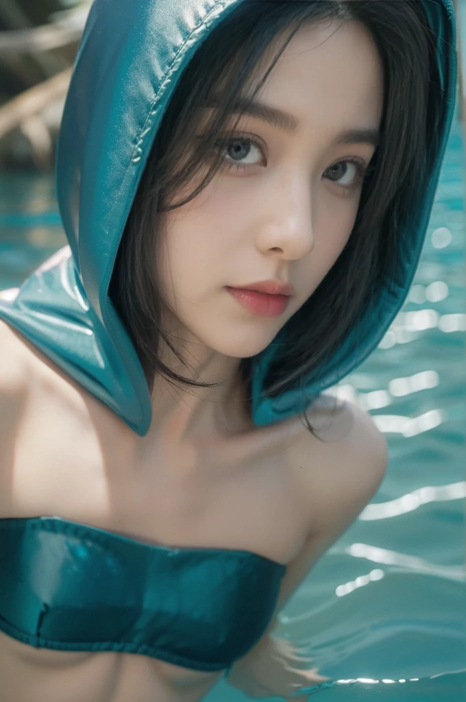 (((best quality))),(((ultra detailed))),(((masterpiece))),illustration,(1 beautiful girl,shark girl,solo),((slim,thin,small breasts,flat chest)),aquarium,summer night,(sleek strapless sharkhead-hooded bra:1.3),shimmering hues,enchanting aura,(shoulder length straight bob hair:1.2),ocean-blue locks,shiny seaweed,porcelain skin,neon lights,emerald eyes,sharp gaze,delicate shark fin,translucent membrane,dancing fish,vibrant colors,undulating water,salty scent,distant waves,coral reef,gentle shadows,serene ambiance,electric atmosphere,Alezandra,oceanic magic,allure,enchantment,vision,extraordinary presence,((from front,close-up of face))