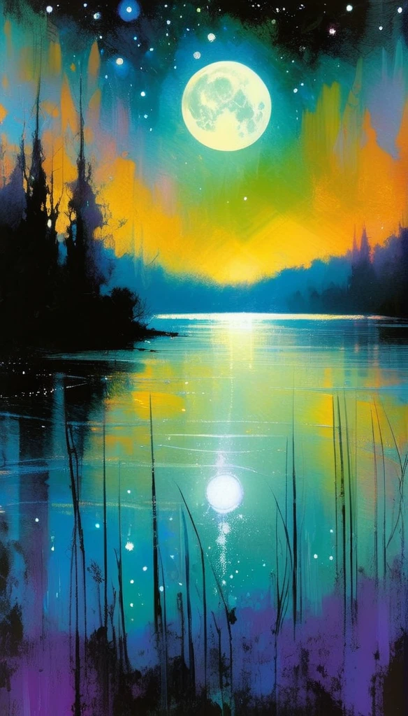 beautiful lake, magic, fantastic, night sky, moon, stars, background (art inspired by Bill Sienkiewicz). oil painting)