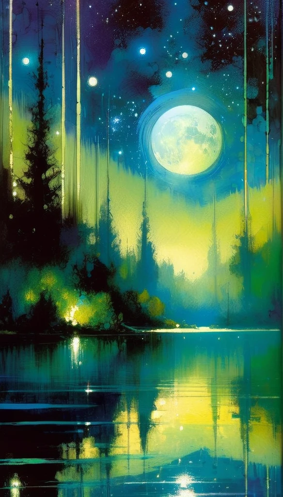 beautiful lake, magic, fantastic, night sky, moon, stars, background (art inspired by Bill Sienkiewicz). oil painting)