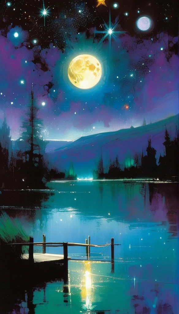 beautiful lake, magic, fantastic, night sky, moon, stars, background (art inspired by Bill Sienkiewicz). oil painting)