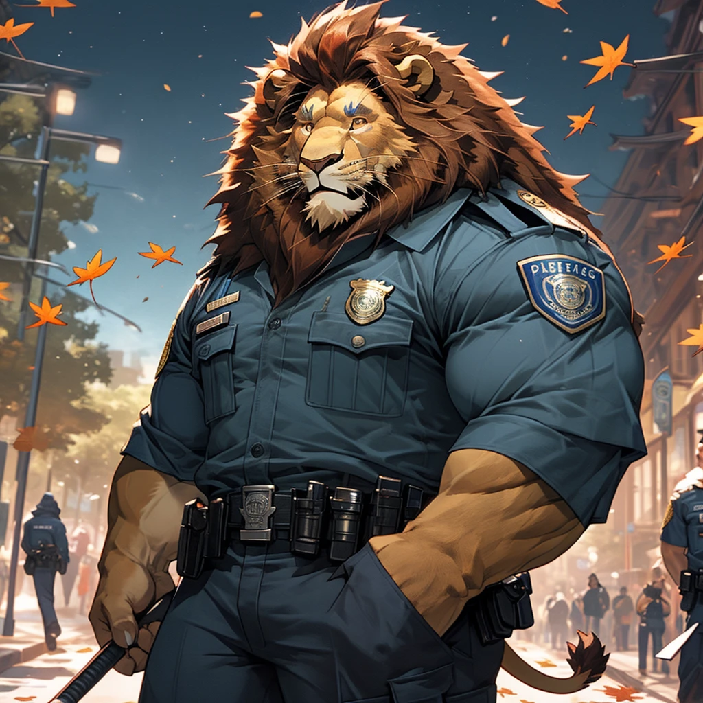 A muscular and strong police officer lion in uniform. The background is a bustling city park with falling maple leaves. A strong lion holding a baton