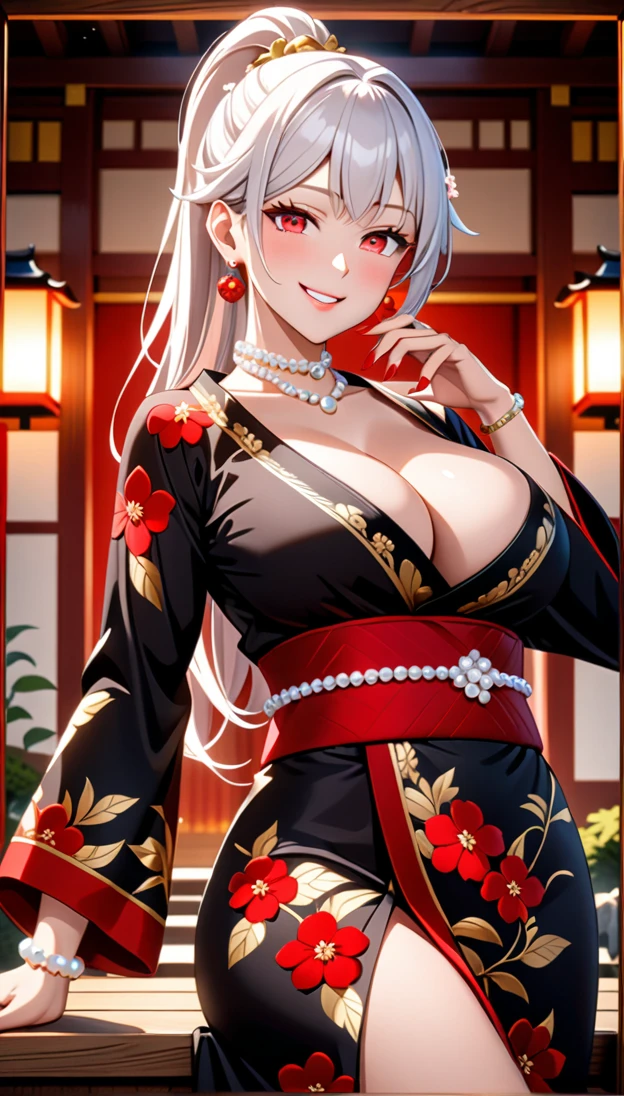 ultra-detailed, ((one girl)), hyper detailed, absurdres, 8K,Cute face, (Laugh shyly), ((teasing smile:1.8)), ((Wink:1.8)), (Laugh with your mouth wide open:1.3),(Tilt your head:1.3), View your viewers, ((Bright red cheeks:1.6)),Glossy Red Lips, ((Big Breasts:1.5)) night, Shrines in the countryside, (Brighten your face), ((Anime style background)),masterpiece, Highest quality, so beautiful,Latest, Complex details, (Pink long nails), (nail art), (ring),(bracelet), (Floral Choker),AI-generated, Complex,High resolution, Highest quality, super high quality,3D Images、3D Images,One person,Long white hair,(High Ponytail), Anime woman posing for a photo, ((Blue eyes:1.1)), ((Fine grain、pearl white eyes、glowing eyes:1.3)), (Squint your eyes:1.1),a hyperRealistic , hyperRealistic , Realistic,Anime woman with long white hair, Smooth anime CG art, With gold embroidery、A girl in a gorgeous kimono, ((Black long sleeve kimono:1.3)),(Red large floral pattern) ,Long flower hair ornament,Floral Earrings,Mature Body, expensive,Abdominal muscles,Tight waist,((Zoom in on face:2.1)),(front view),