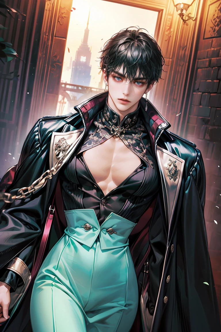 (absurdres, highres, ultra detailed, original character, HDR), 1 russian boy, solo, adult, handsome, ((tall muscular guy, broad shoulders)), finely detailed eyes, (black hair), hair between eyes, turquoise eyes, holographic, futuristic, casual and sexy outfit, black coat, gun holster, (body tight white shirt), (large man breasts), ((wearing an earring)), cowboy shot, dutch angle, face focused, tower walled city scenery, dystopian hong kong city, skyscrapers, Cyan, Magenta, long face, closed mouth, looking at viewer, depth of field, bokeh