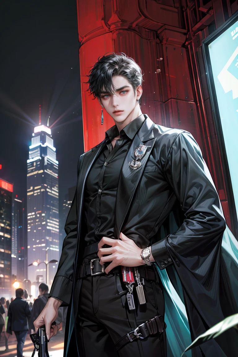 (absurdres, highres, ultra detailed, original character, HDR), 1 russian boy, solo, adult, handsome, ((tall muscular guy, broad shoulders)), finely detailed eyes, (black hair), hair between eyes, turquoise eyes, holographic, futuristic, casual and sexy outfit, black coat, gun holster, (body tight white shirt), (large man breasts), ((wearing an earring)), cowboy shot, dutch angle, face focused, tower walled city scenery, dystopian hong kong city, skyscrapers, Cyan, Magenta, long face, closed mouth, looking at viewer, depth of field, bokeh