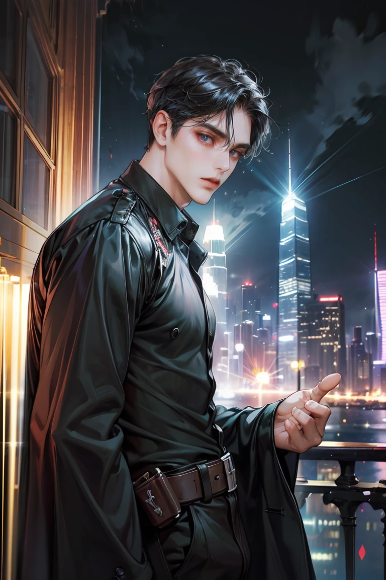 (absurdres, highres, ultra detailed, original character, HDR), 1 russian boy, solo, adult, handsome, ((tall muscular guy, broad shoulders)), finely detailed eyes, (black hair), hair between eyes, turquoise eyes, holographic, futuristic, casual and sexy outfit, black coat, gun holster, (body tight white shirt), (large man breasts), ((wearing an earring)), cowboy shot, dutch angle, face focused, tower walled city scenery, dystopian hong kong city, skyscrapers, Cyan, Magenta, long face, closed mouth, looking at viewer, depth of field, bokeh