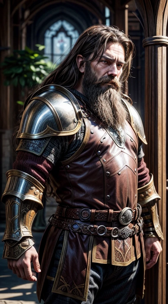 fantasy character, dwarf, brown hair, long beard, shiny armour, plate armour