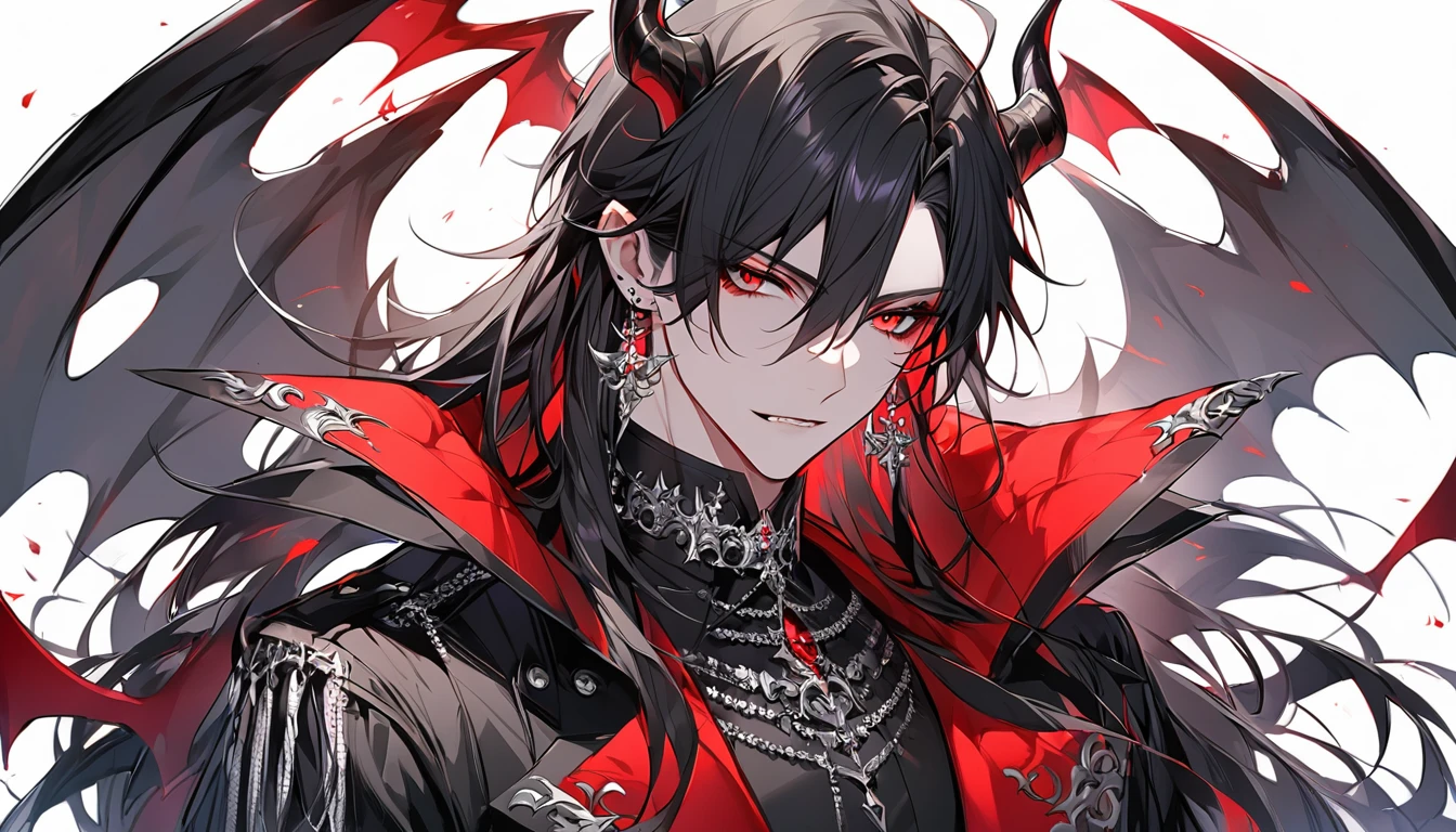 alone, good looking, 1 male, Long hair, Middle parted, Black hair, Red eyes, Black shirt, White Thailand, Black Trench Coat, Royal Silver Jewellery, Royal Demon Earrings, Black horns, Demon Crown, Demonic Katana