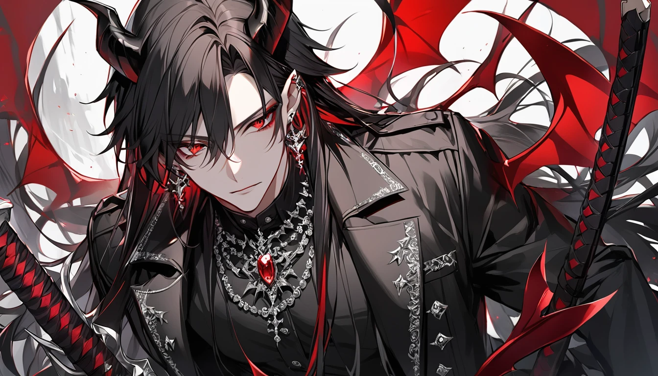 alone, good looking, 1 male, Long hair, Middle parted, Black hair, Red eyes, Black shirt, White Thailand, Black Trench Coat, Royal Silver Jewellery, Royal Demon Earrings, Black horns, Demon Crown, Demonic Katana