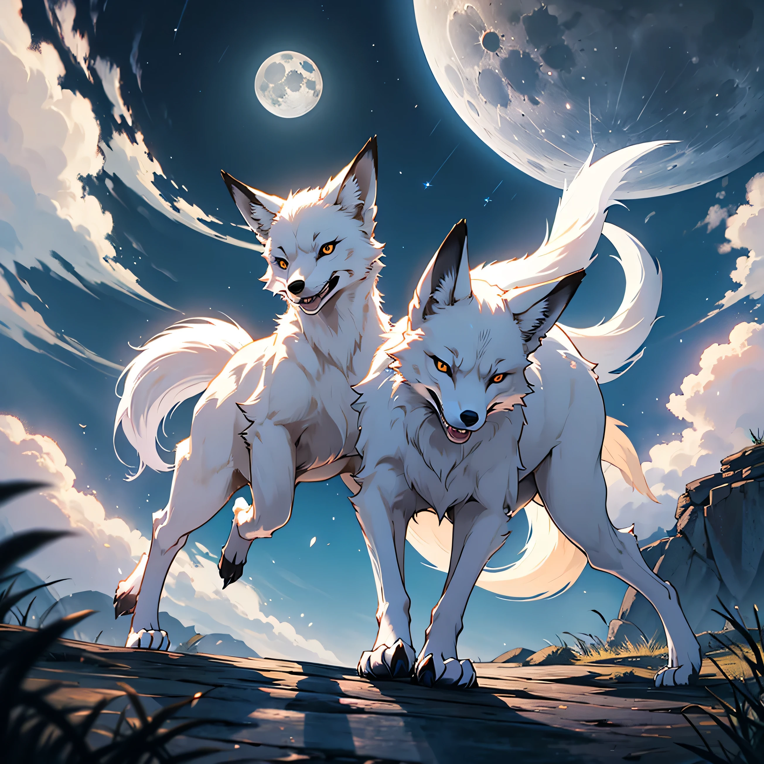 Moonlit night, A white fox with nine tails runs, Active fox behavior, angry fox