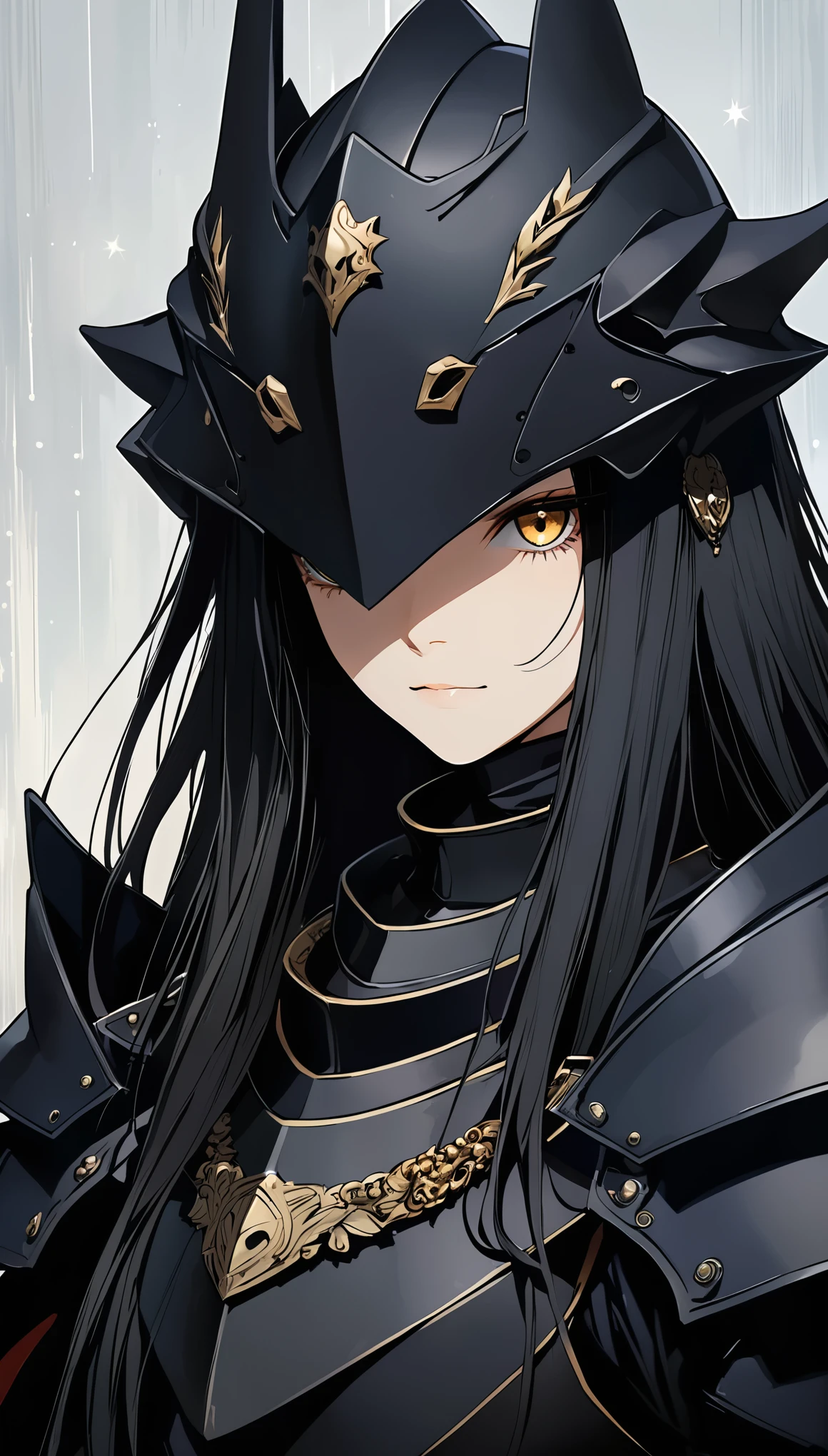 (in style of Ashley Wood:1.4),Matte texture,rough,irregular,Surreal style,Pure black irregular armor,All black,Pure black helmet,All black,The armor has no reflective surface,(Silver long hair:1.5),Half-length close-up,(Background blur:1.5),Focus on the eyes,Pure black helmet表面显示的混乱蓝色星空阴影,Absurd portrait,Horrible Monster Knight,