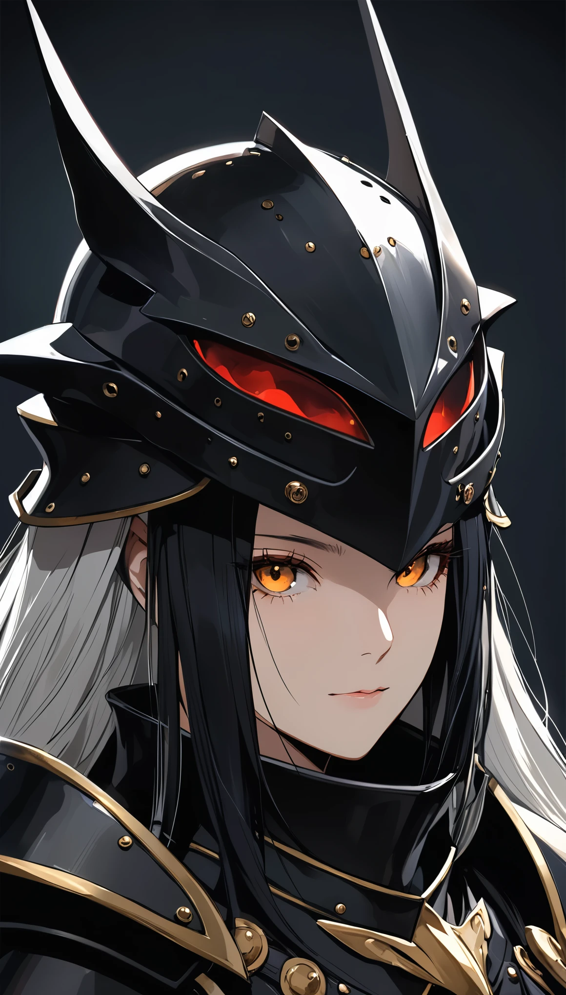 (in style of Ashley Wood:1.4),Matte texture,rough,irregular,Surreal style,Pure black irregular armor,All black,Pure black helmet,All black,The armor has no reflective surface,(Silver long hair:1.5),Half-length close-up,(Background blur:1.5),Focus on the eyes,Pure black helmet表面显示的混乱蓝色星空阴影,Absurd portrait,Horrible Monster Knight,