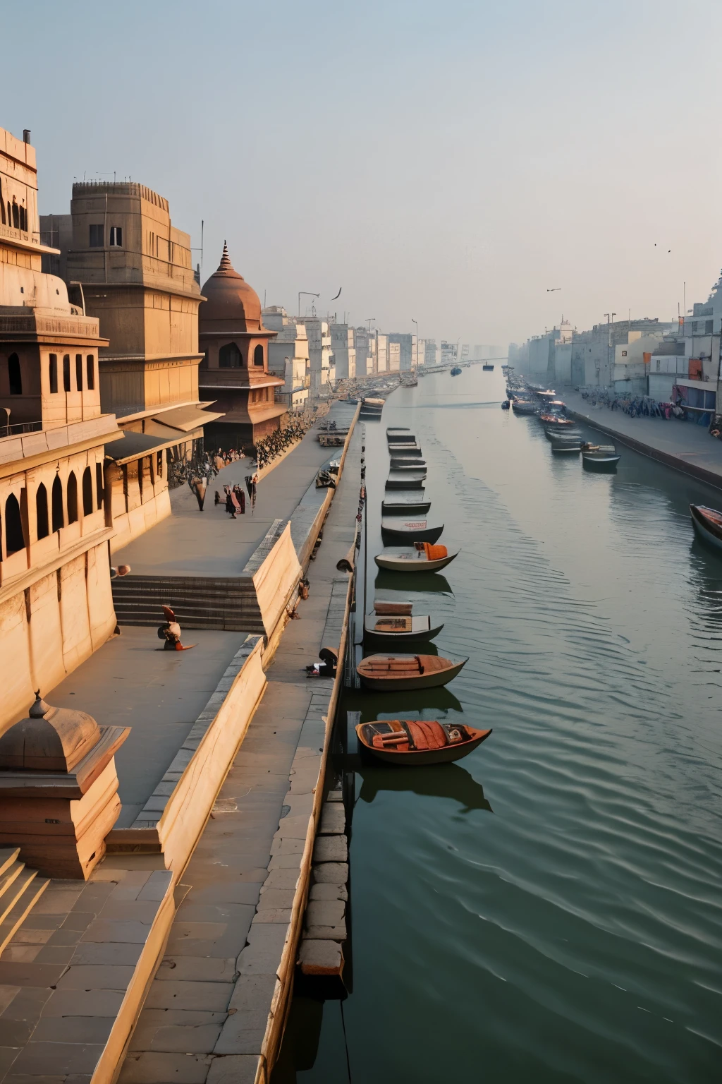 Capture the spiritual ambiance of Varanasi in its entirety, with the ancient temples and ghats along the Ganges serving as the focal points, against the backdrop of historic architecture. The image should be captured in ultra high definition 4K resolution, showcasing every intricate detail of the temples' carvings, the ghats' worn-out steps, and the architectural nuances that tell the story of Varanasi's rich history. The river Ganges should flow softly, reflecting the city's hustle and bustle, as well as the serene moments of prayer and meditation. The image should encapsulate the unique blend of chaos and tranquility