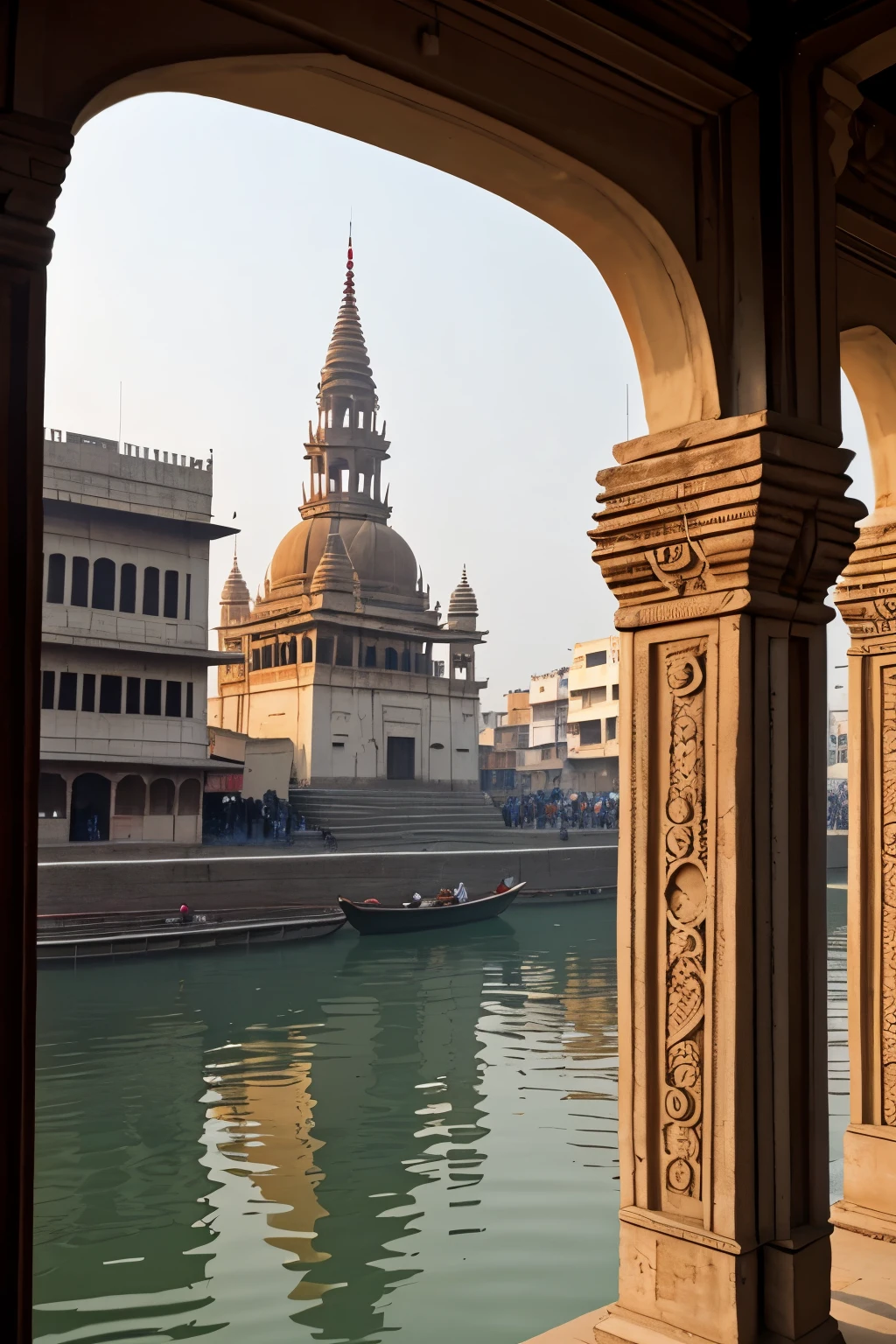 Capture the spiritual ambiance of Varanasi in its entirety, with the ancient temples and ghats along the Ganges serving as the focal points, against the backdrop of historic architecture. The image should be captured in ultra high definition 4K resolution, showcasing every intricate detail of the temples' carvings, the ghats' worn-out steps, and the architectural nuances that tell the story of Varanasi's rich history. The river Ganges should flow softly, reflecting the city's hustle and bustle, as well as the serene moments of prayer and meditation. The image should encapsulate the unique blend of chaos and tranquility