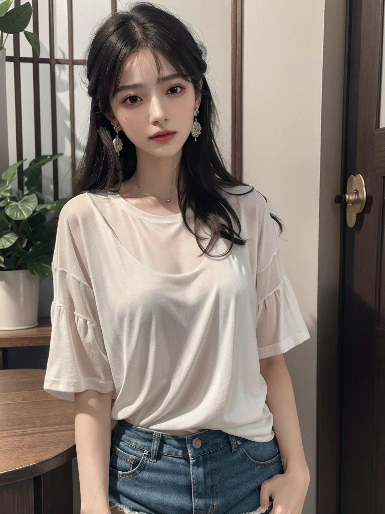 absurdres, RAW photo, extremely delicate and beautiful, masterpiece, Best Quality, ultra high resolution, 32k, hyperrealistic, ultra-detailed, in her 40s, delicate facial features, beautiful detailed woman, tearful mole, earring, medium breasts, full body shot, medium hair, black hair, cap, T-shirt, baggy shorts,