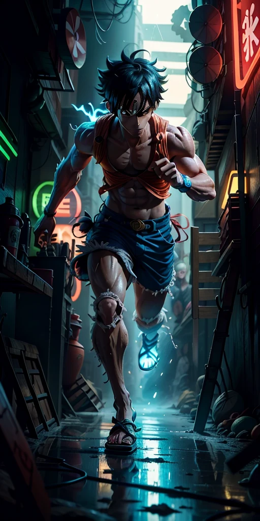 3D illustration(((jackson))), Japanese anime「one piece」the protagonist of, Monkey D. Luffy, Armed with the latest protective gear, Beach sandals on your feet(((must)))The outline glows like a neon light, Running through a collapsing research facility in the dark, A dynamic appearance