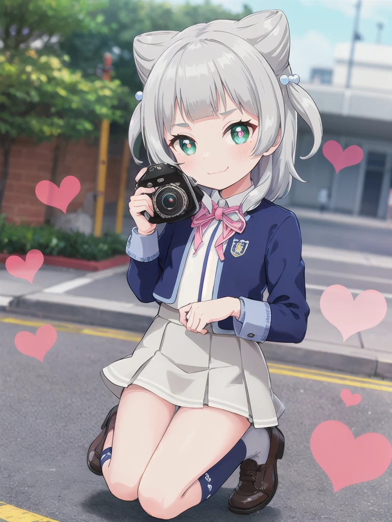 Outdoor,((the way)),, 1girl,Green Eyes, Grey Hair, hair ornaments, bangs, Virtual YouTuber,smile,heart shaped pupils, blunt bangs, Double Bang, Animal ears, Flat Chest,uniform,Navy Blue Blazer,White shirt,Pink ribbon,Grey Skirt,Pink Panties,I have a pink camera,Bring the camera closer to your face,Put on the ground,Hold the camera,subject_Cat