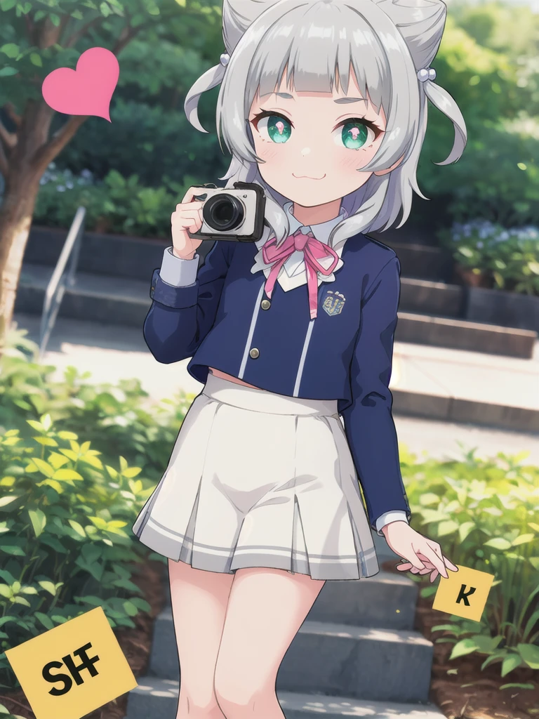 Outdoor,((the way)),, 1girl,Green Eyes, Grey Hair, hair ornaments, bangs, Virtual YouTuber,smile,heart shaped pupils, blunt bangs, Double Bang, Animal ears, Flat Chest,uniform,Navy Blue Blazer,White shirt,Pink ribbon,Grey Skirt,Pink Panties,I have a pink camera,Bring the camera closer to your face,Put on the ground,Hold the camera,subject_Cat