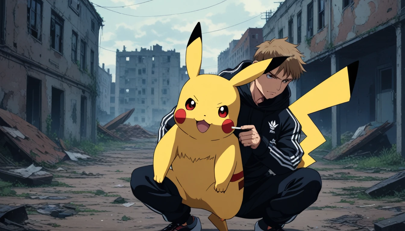 90's anime style, solo, slavic squat, drunk (muscular pikachu) wearing adidas black tracksuit, (hold smoking cigarette in pikachu's hand), smirnoff vodka bottle next to pikachu, ruined abandoned buildings in background, moody atmosphere, cinematic, detailed body, detailed eyes, 8K, best quality, full sharp, highly detailed, skin pores, natural skin texture, extreme quality