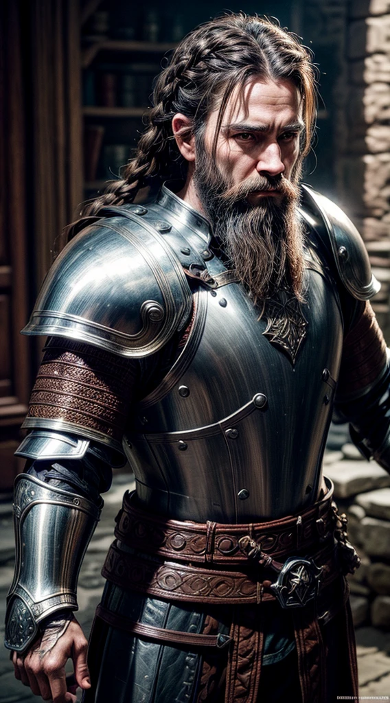 fantasy character, dwarf, brown hair, long beard with braids, shiny armour, plate armour, extremely detailed, hyperrealistic, high quality, 8k, studio lighting, masterpiece, cinematic, dramatic lighting, volumetric lighting, realistic textures, intricate details, photorealistic