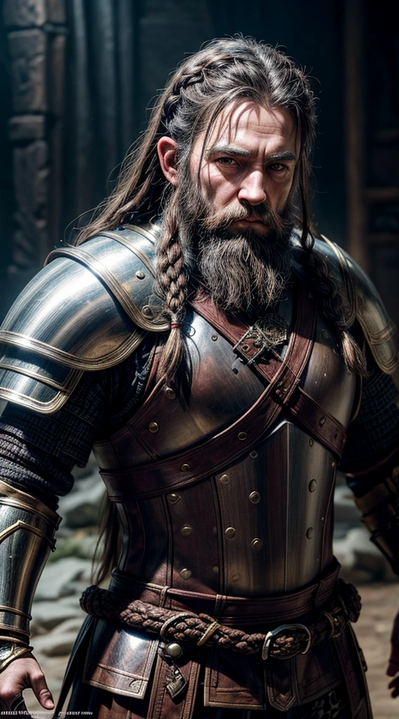 fantasy character, dwarf, brown hair, long beard with braids, shiny armour, plate armour, extremely detailed, hyperrealistic, high quality, 8k, studio lighting, masterpiece, cinematic, dramatic lighting, volumetric lighting, realistic textures, intricate details, photorealistic