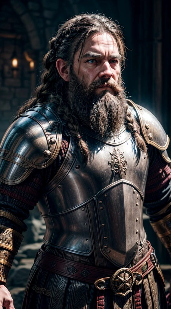 fantasy character, dwarf, brown hair, long beard with braids, shiny armour, plate armour, extremely detailed, hyperrealistic, high quality, 8k, studio lighting, masterpiece, cinematic, dramatic lighting, volumetric lighting, realistic textures, intricate details, photorealistic